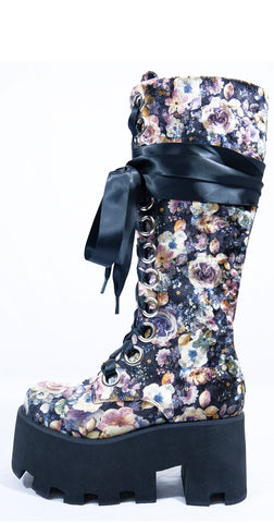 Velvet Floral Knee High Boot